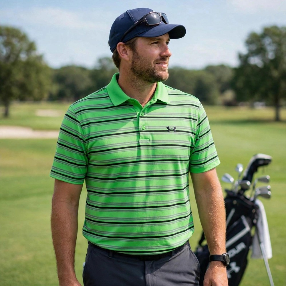 Under Armour Mens HeatGear Polo Shirt Neon Green Striped Loose Fit LG‎ Golf Top